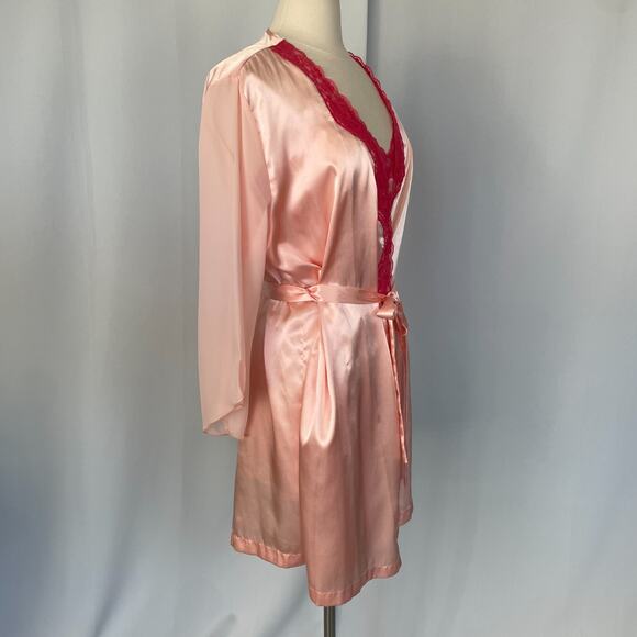 2PC Lingerie Set Large Pink Satin Silky Robe Slip Nightie Nightgown Peignoir - Picture 5 of 16